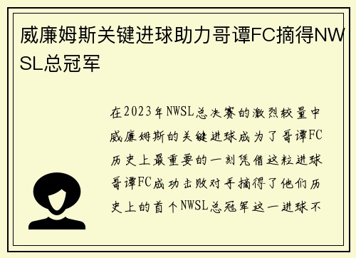 威廉姆斯关键进球助力哥谭FC摘得NWSL总冠军 威廉姆斯关键进球助力哥谭FC摘得NWSL总冠军
