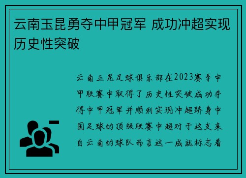 云南玉昆勇夺中甲冠军 成功冲超实现历史性突破 云南玉昆勇夺中甲冠军 成功冲超实现历史性突破